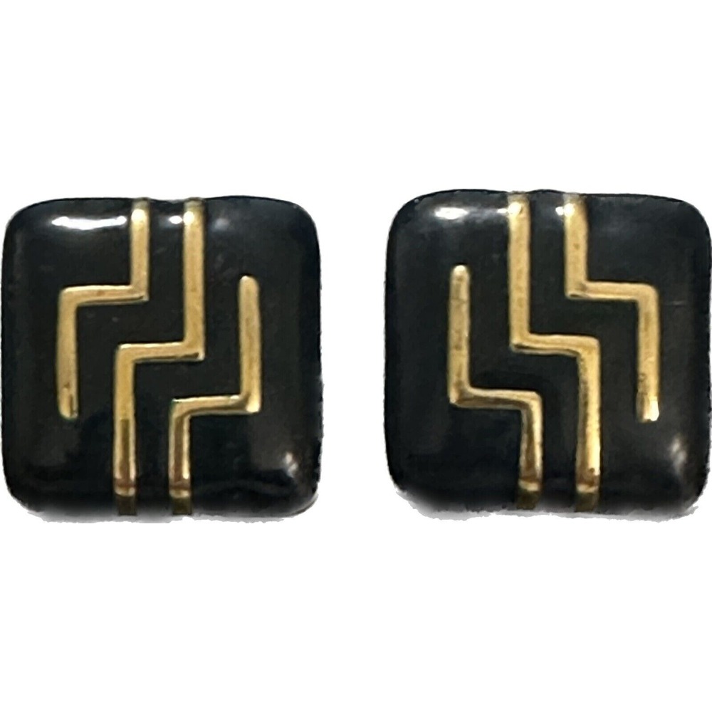 Vintage Monet Dark Navy Gold Enamel Earrings Clip On Geometric Zig Zag Square